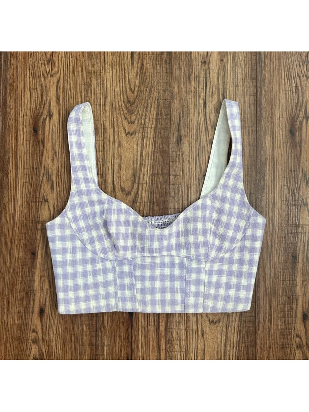 Zara Lavender Gingham Square-Neck Crop Top
